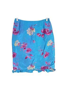 Womens Chetta B Blue & Pink Floral 100% Silk Pencil Skirt Ruffle Hem Size 4